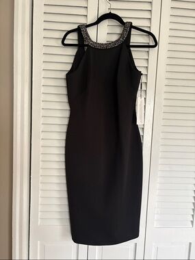 Calvin Klein Black Satin Dress with Beaded Neckline